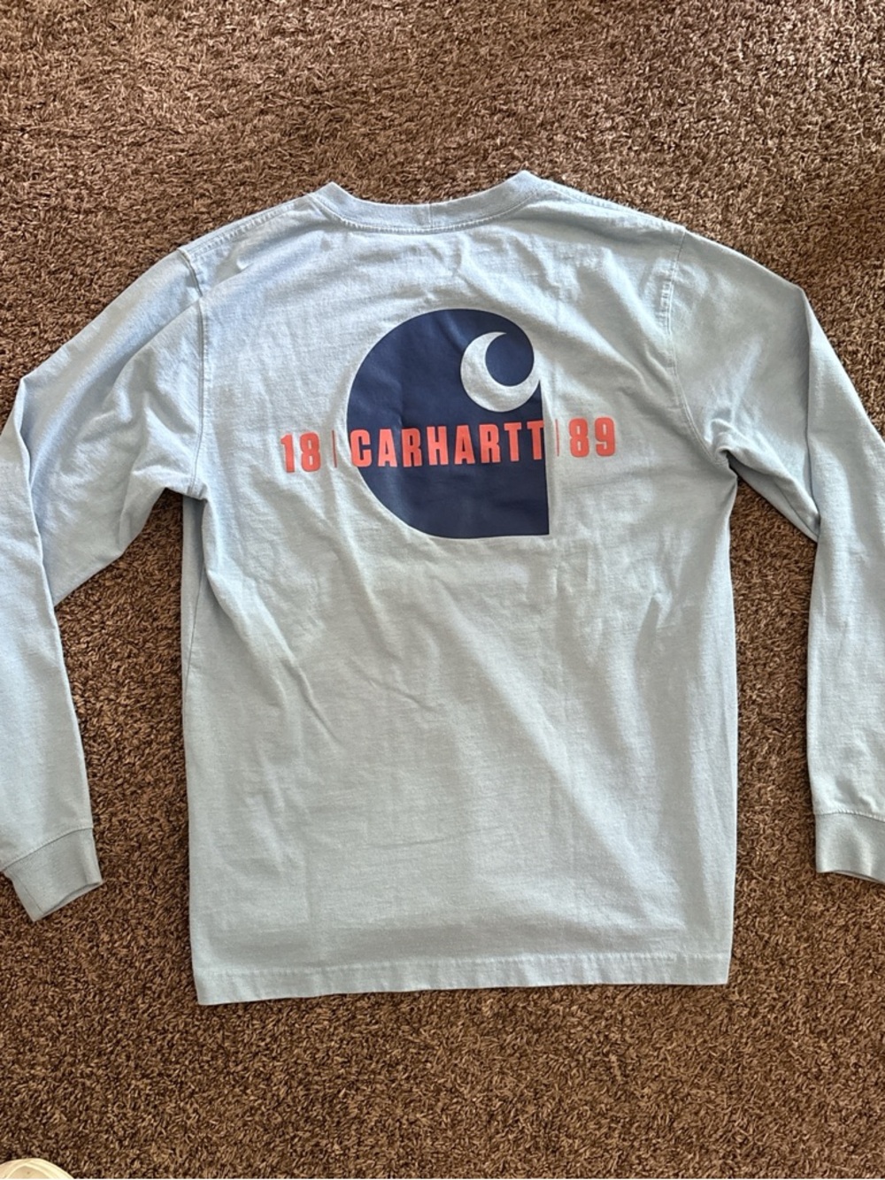 Carhartt Long Sleeve Tee in Pale Blue with Navy & Coral Logo